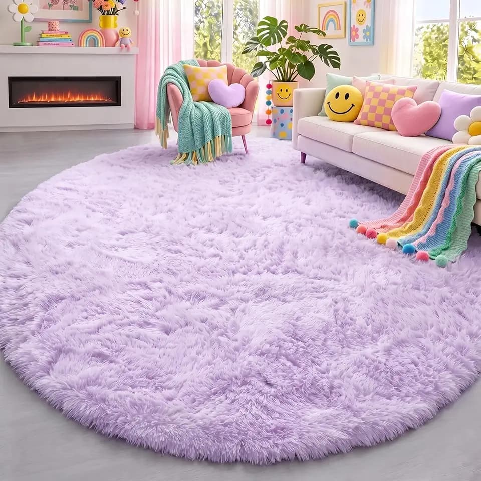 PAGISOFE Round Rugs 5Ft, Purple Area Rug, Circle Rug for Kids Bedroom, Fluffy Shaggy Carpets, Indoor Small Teepee Furry Mat, Comfy Reading Carpets, Circular Rugs for Girls Baby Room Decor Aesthetic