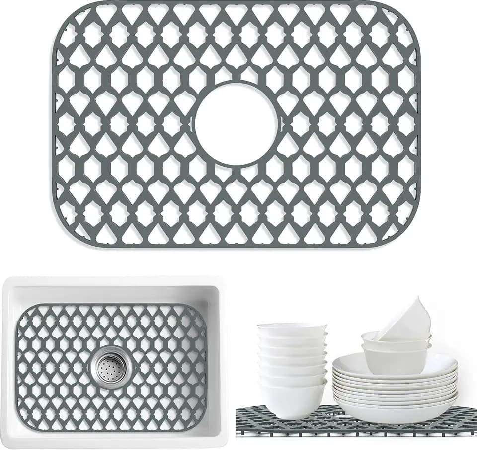Silicone Kitchen Sink Protectors Mats - 12" 13" 14" 16" 18" 19" 21" 22" 24" 25" 26" 28" 30", Heat Resistant, Machine-wash (19”x13”, Center Drain)