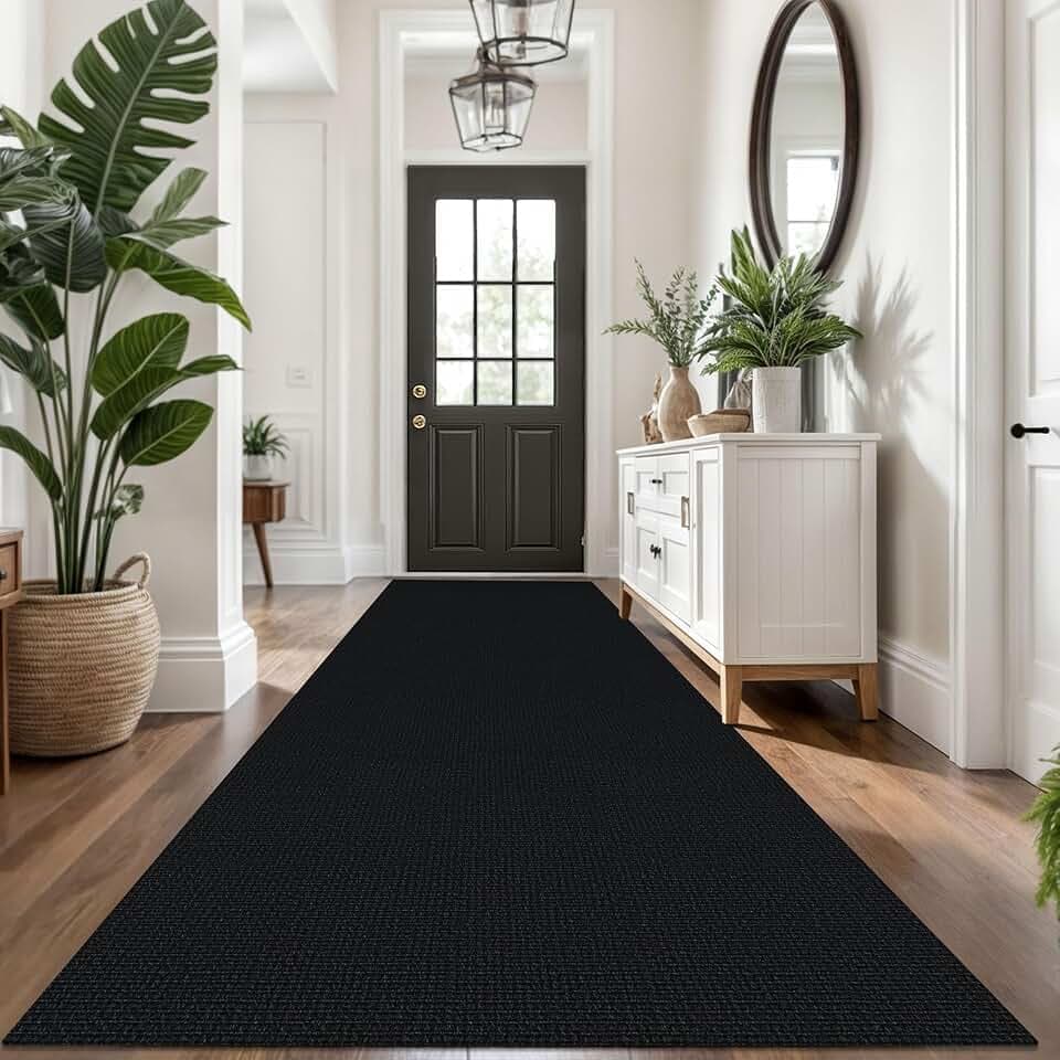 KOZYFLY 3x14 Long Runner Carpet, Woven Washable Non Slip Hallway Rug, Heathered Charcoal Black