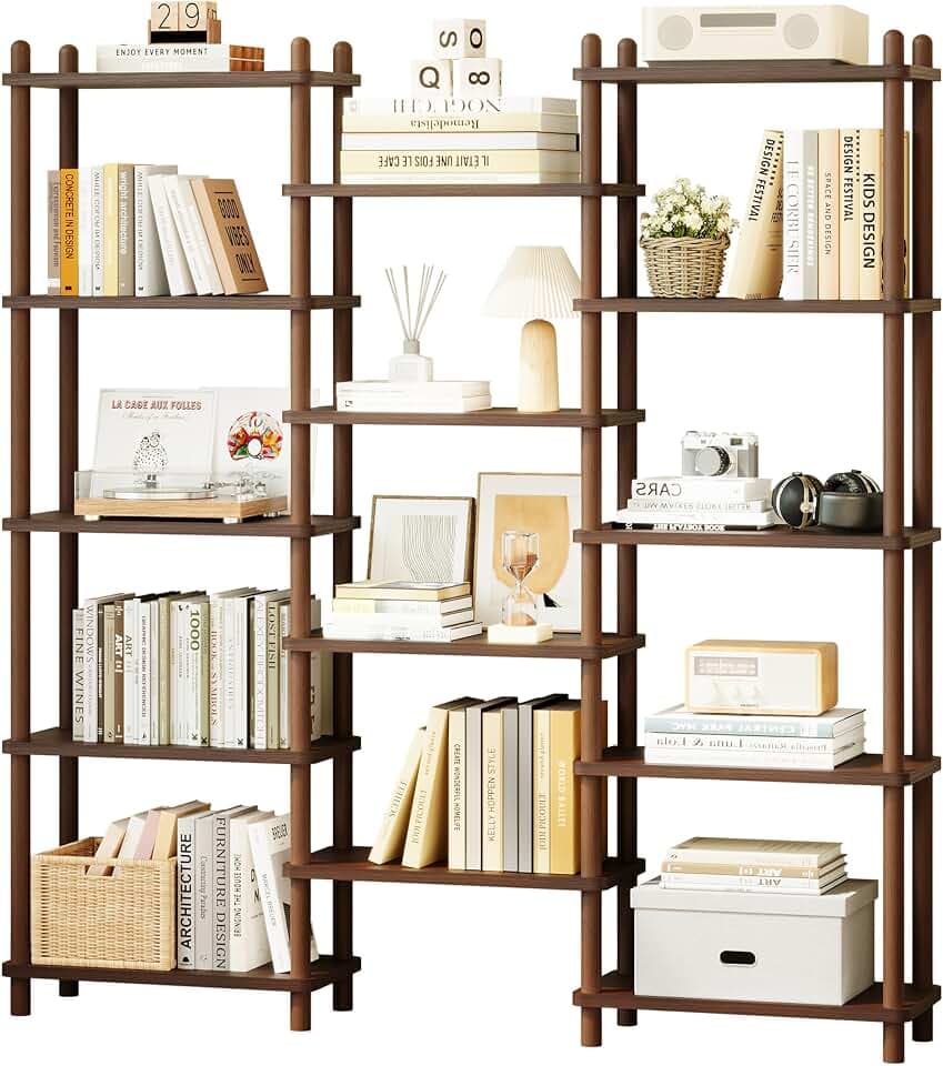 IOTXY Wooden Triple Wide Bookshelf, 5-Tier Large Open Bookcase, Walnut