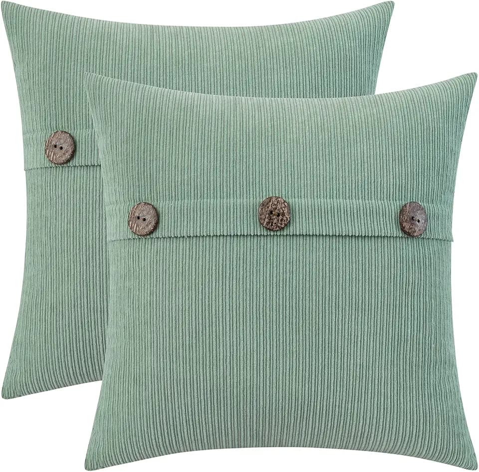 HWY 50 Sage Green Chenille Throw Pillow Covers 20x20 Inch Buttons Pack of 2
