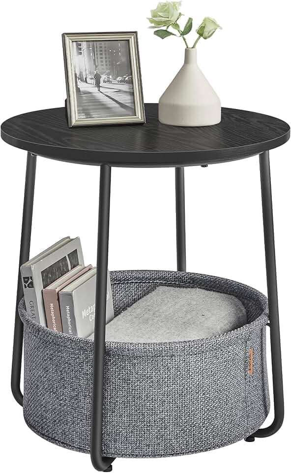 VASAGLE Small Round Side End Table, Small Nightstand with Fabric Basket