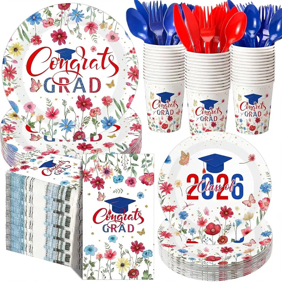 400 Pcs 2026 Red White Blue Graduation Decoration for 50, Red Blue Floral Graduation Paper Plates Napkins Cups Cutlery Flower Grad Tableware for Class of 2026 Congrats Grad Party Supply