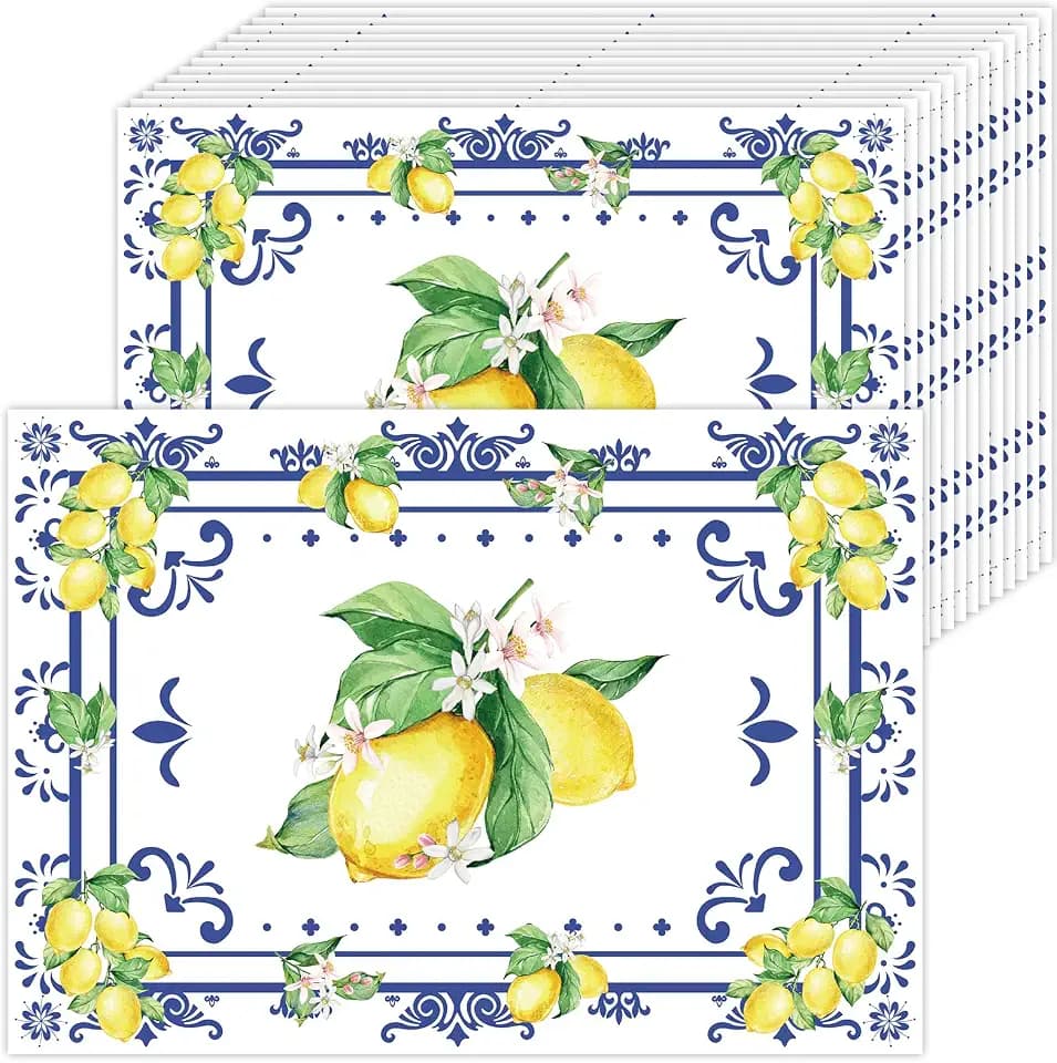 50 Pack Lemon Paper Placemats Disposable,16x 11 Inch Chinoiserie Lemon Floral Placemat Cyan Blue Tiles Summer Table Mats for Kitchen Dining Amalfi Coast Party Decor
