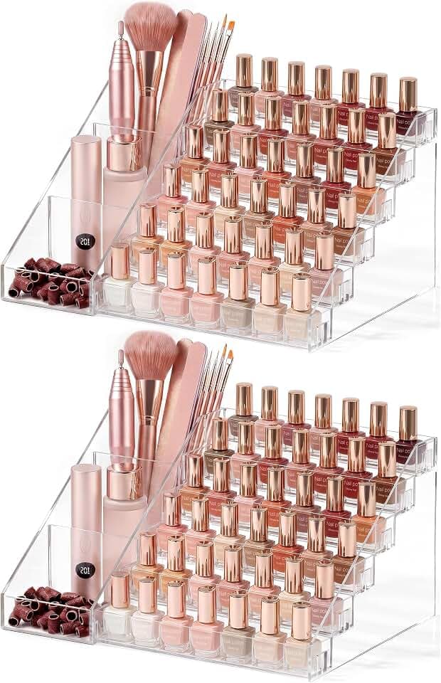 HBlife 6 Tier Nail Polish Organizer with Nail Supplies Organizer, Quick Assembly Clear Acrylic Nail Polish Holder Display Stand for Gel Polish (2 Pack)