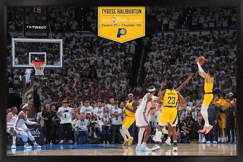 Trends International NBA Indiana Pacers - Tyrese Haliburton The Shot 25 Wall Poster, 34L x 22.4W, Black Framed Version