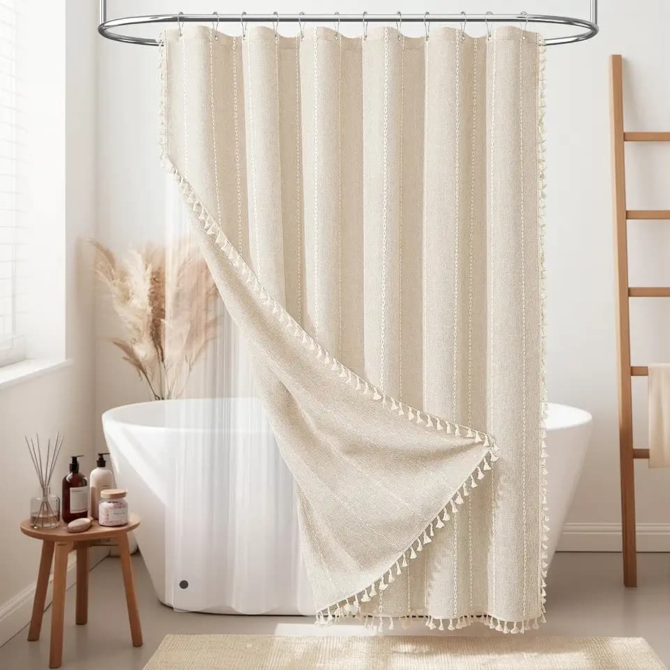 BTTN 3 in 1 Beige Boho Linen Cloth Shower Curtain with Liner, Cream, 72x72