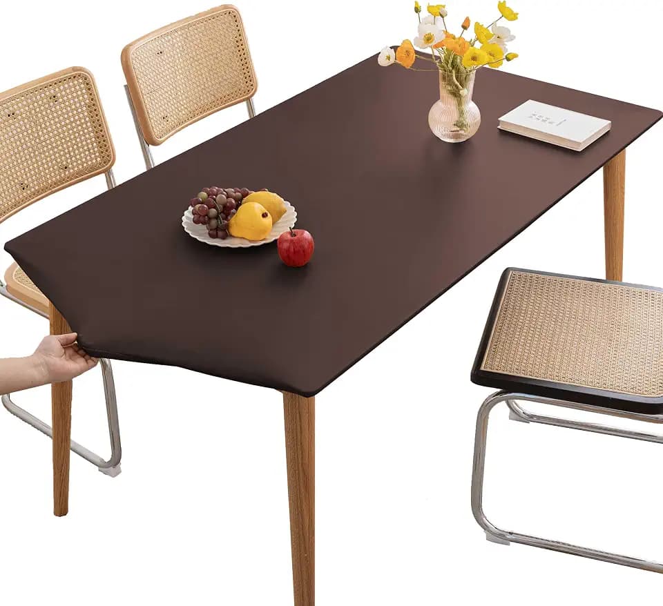 PU Stretch Fitted Rectangle Tablecloth with Elastic Edge 28 x 47 Inch Waterproof Oil Proof Table Cloth Wipeable Table Cover for Indoor Outdoor Furniture Protect (Coffee,28"x47")