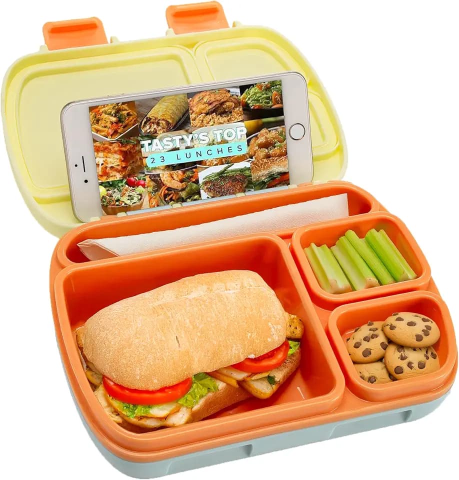 Tasty Bento Style Lunch Box, 4 Compartments with Built-In Phone Stand, BPA-Free Plastic, Portable Food Storage Container, Aqua