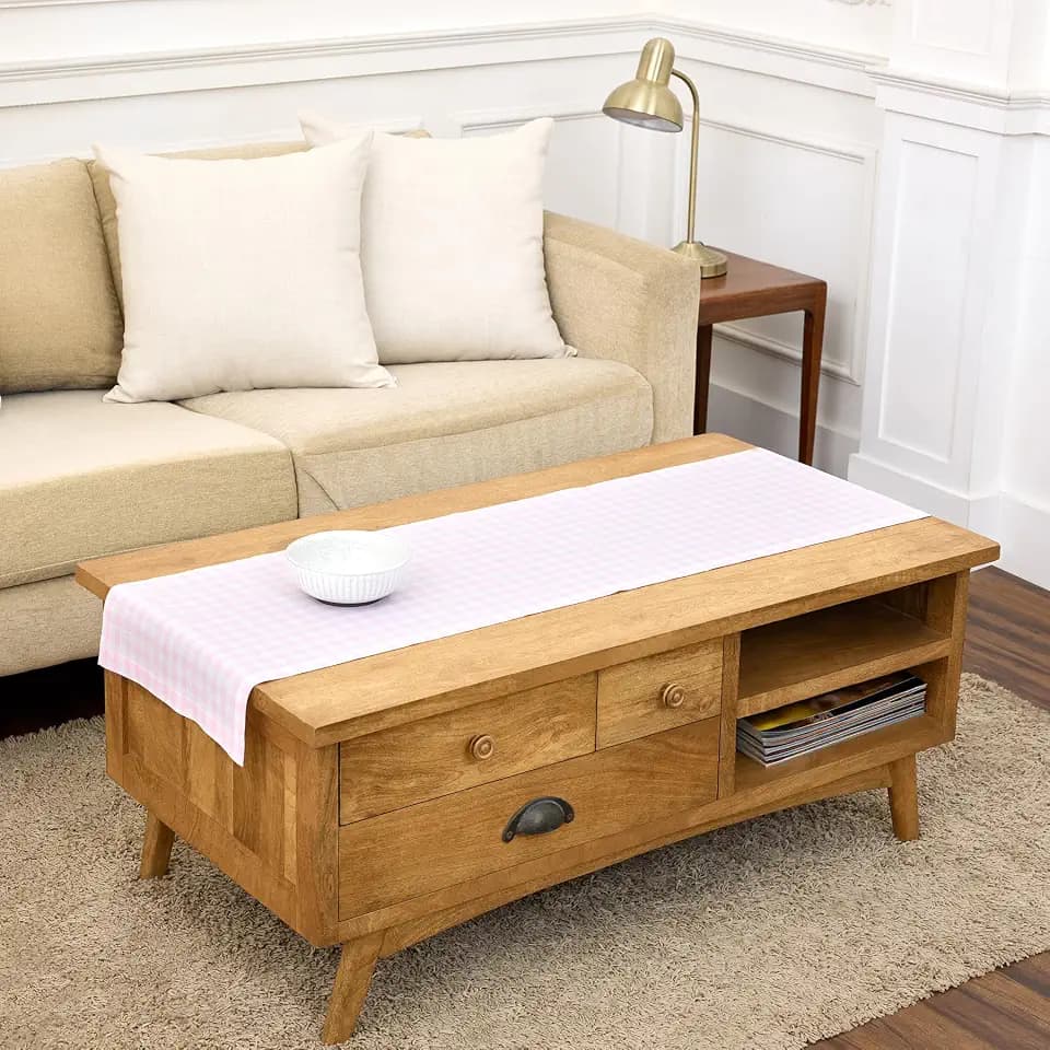 Solino Home 100% Pure Linen Table Runner Pink, Gingham Check 14 x 48 in