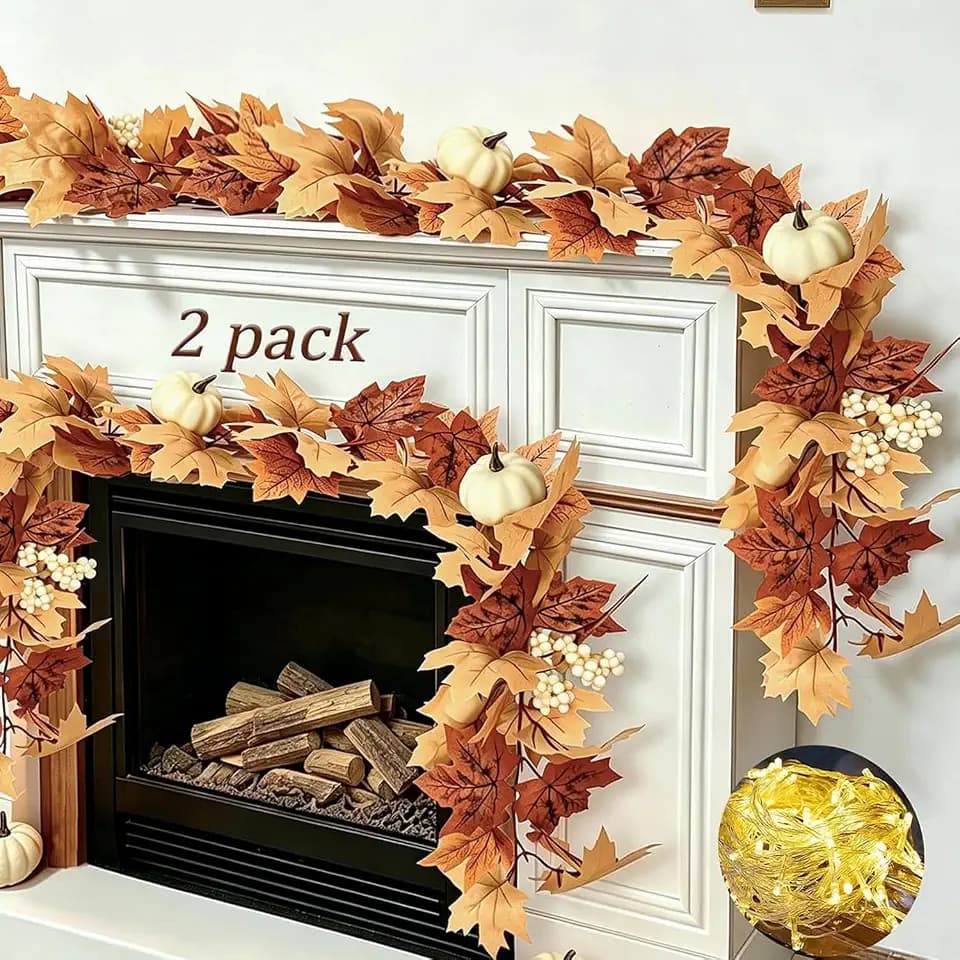 4 Pack Fall Garland with Lights-Total 24Ft Autumn Leaves Garland for Mantle Fireplace-Brown Fall Decor for Front Door with Pumpkins Indoor Maple for Stairs Porch Thanksgiving Decorations