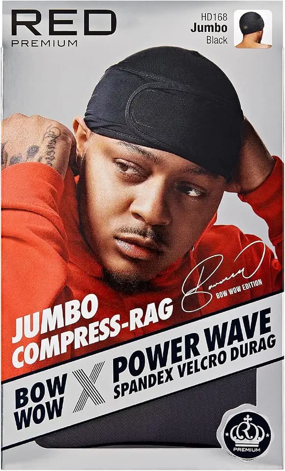 Red by Kiss Premium Bow Wow X Power Wave Durag, 360 Wave Compression Cap for Men & Women, Adjustable Hook-and-Loop Strap, Ideal for Locs, Braids, Finger Waves (Jumbo Spandex - Black)