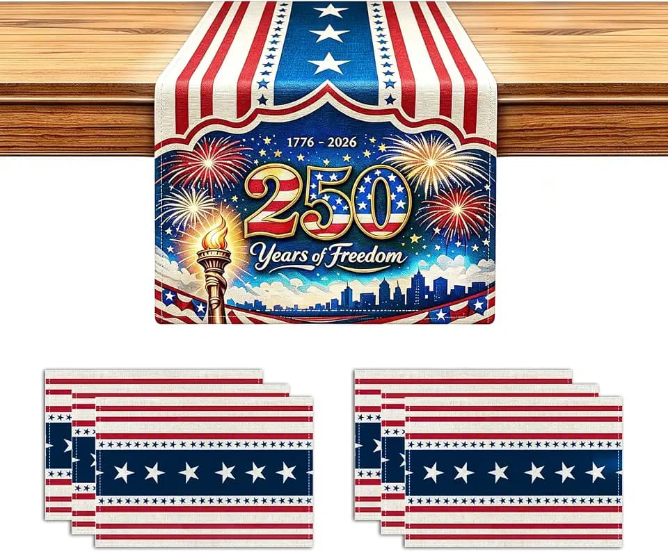 72x13 Inch 250th 4th of July Patriotic USA Stars Table Runner with 6Pcs Place Mats for Independence Day