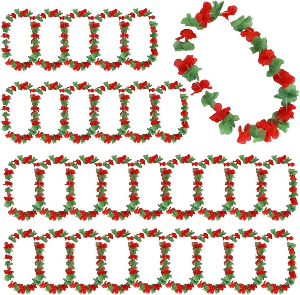 30 Pack Christmas in July Leis Red and Green Leis Garlands Hawaiian Luau Flower Necklace for Christmas Cosplay Beach Wedding Carnival Themed Party Decorations Event Luau Part