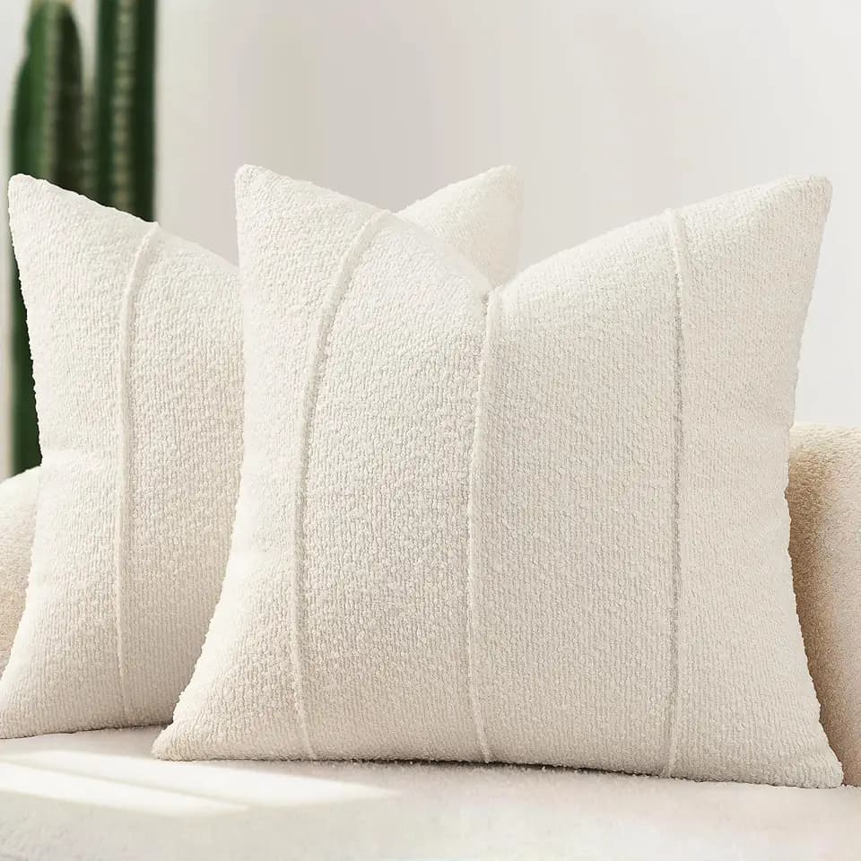 YCOLL Textured Boucle Throw Pillow Covers 18x18 Pack of 2 - Soft Neutral Striped Cushion Covers, Cozy Accent Decorative Pillow Covers for Couch, Sofa, Bed, Living Room (Ivory)