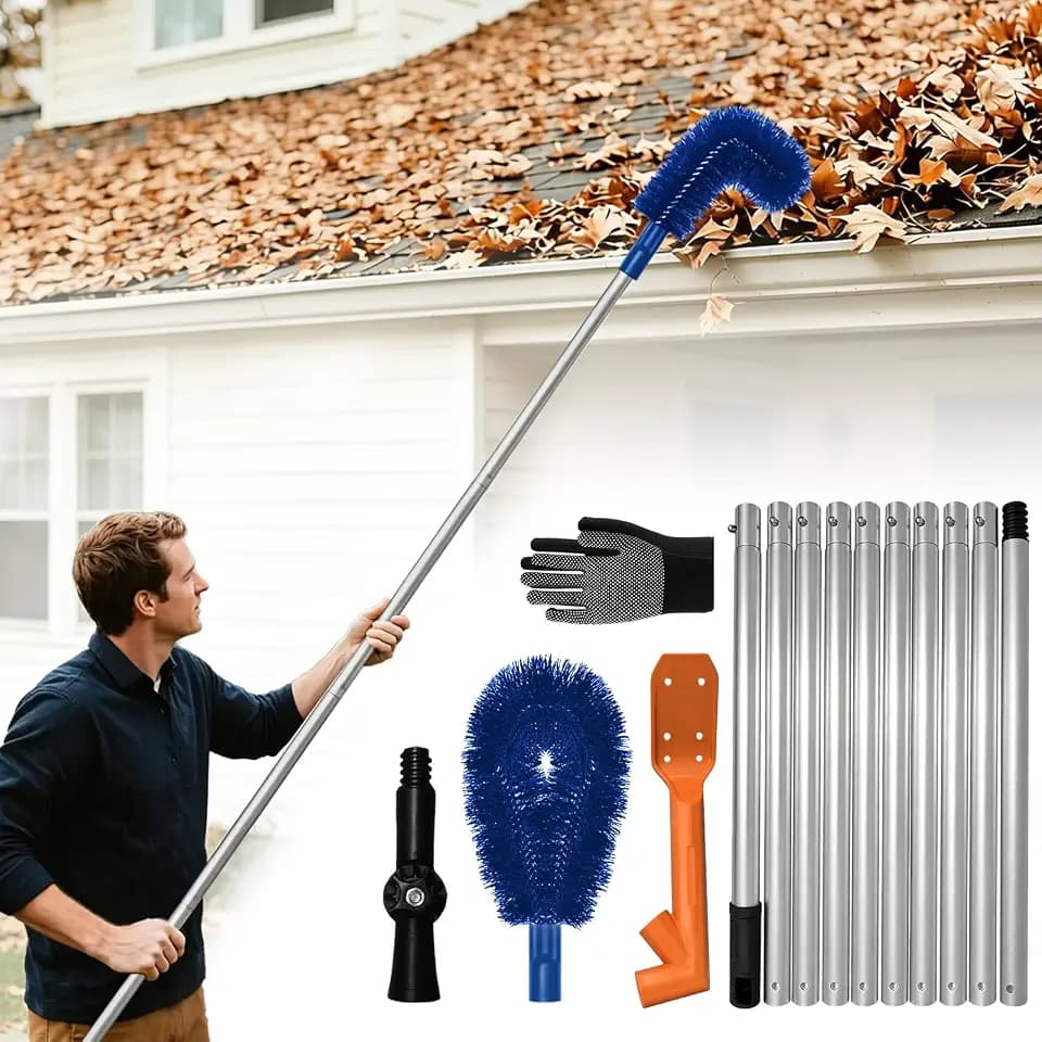 Longtor 12.9ft Aluminum Gutter Cleaning Tools with Brush & Scoop No Ladder
