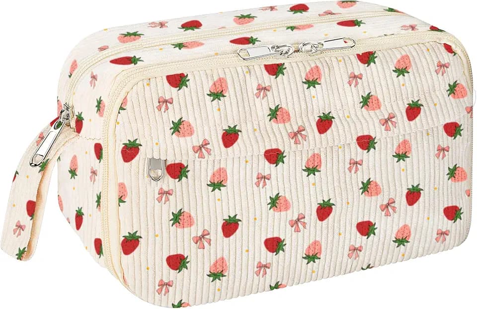 WOBAGMEN Cute Pencil Case,Large Corduroy Zippered Pencil Case Pouch, aesthetic Pencil Bag with Compartments, Pencil Pouch School Supplies (HY-corduroy pc-strawberry)