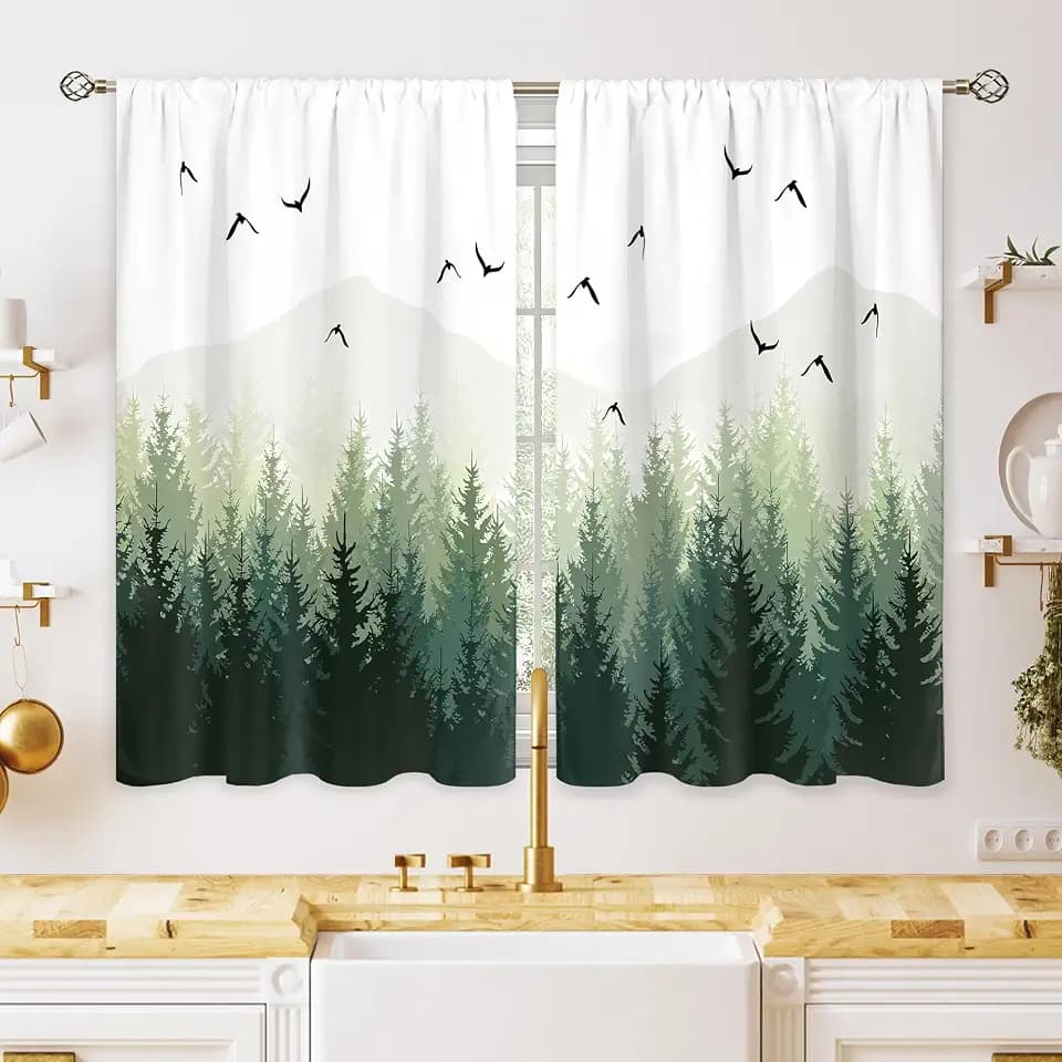 Green Misty Forest Small Kitchen Curtains Nature Window Treatment Tree Woodland Rod Pocket Cafe Short Curtains for Bathroom Dining Laundry Room Mountain Tier Treatment Drapes 26x36 inch