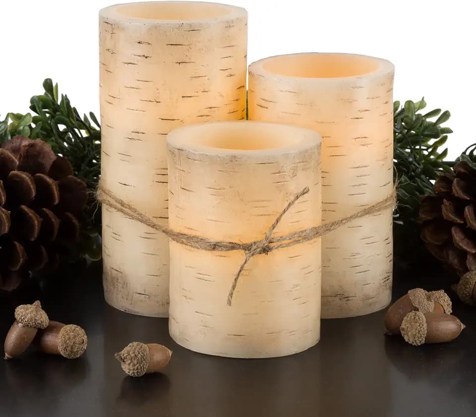 Lavish Home Flameless Candles, Faux Birch Bark, 3-Pack, 6”/4.9”/4”