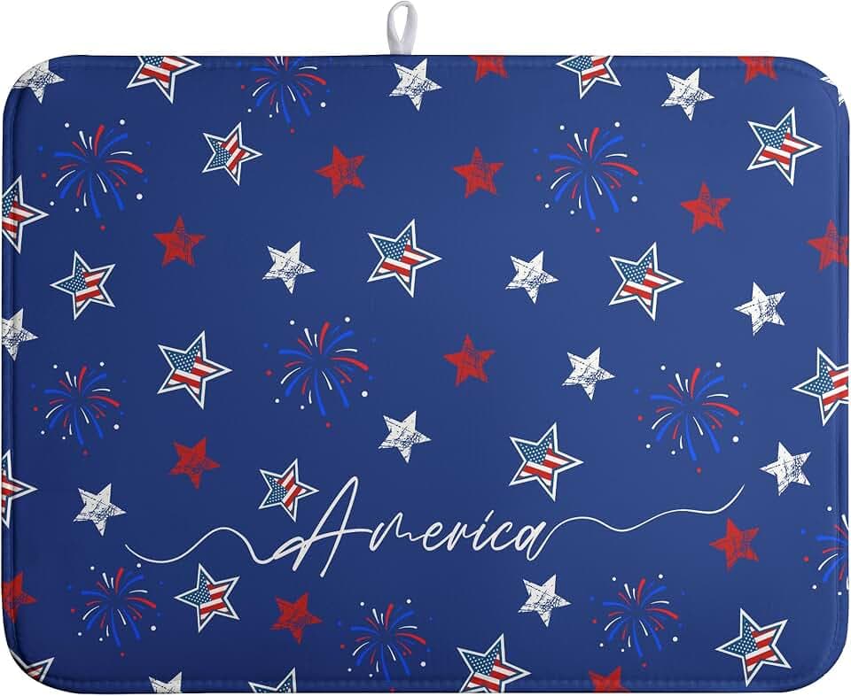 4th of July Dish Drying Mat America Stars Fireworks Blue Drying Mat 18x24 Inch Patriotic Memorial Independence Day Microfiber Absorbent Dish Drainer Rack Mats for Kitchen Counter