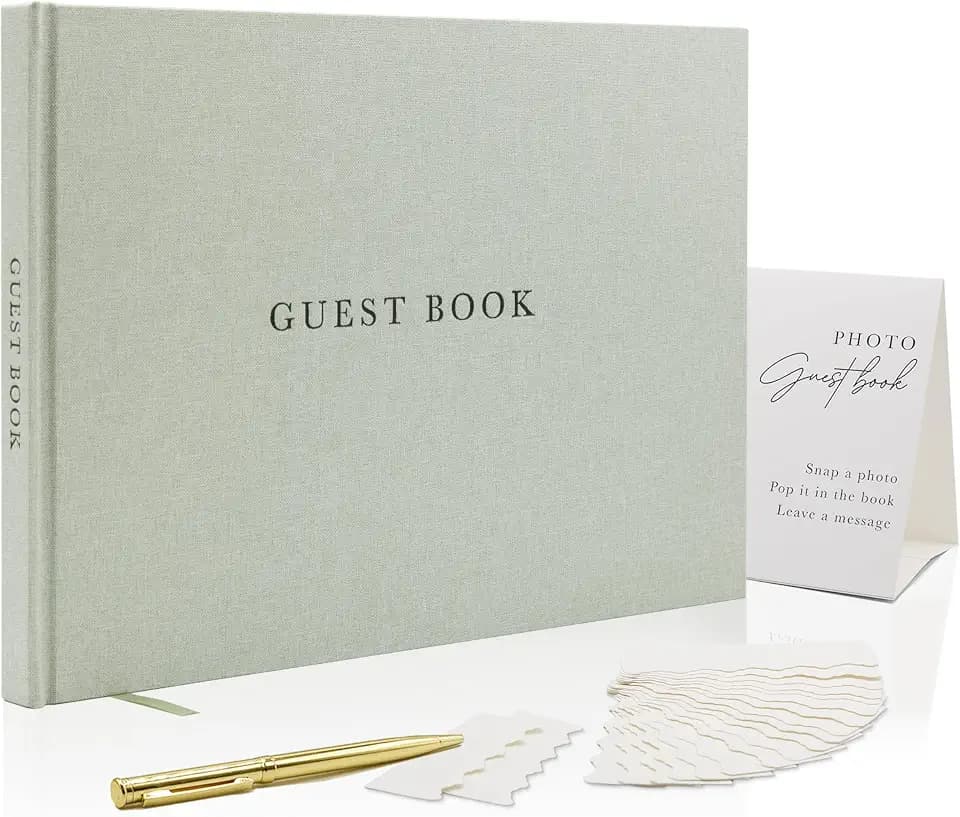 Real Linen Guest Book Set - 11.5 x 8.5 Embossed Guestbook for Weddings, Showers, Events, Blank & Lined, Comes with Sign, Pen, Box and Photo Sleeves, 120 Pages (Leaf)