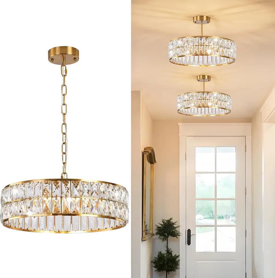 6-Light Gold Crystal Chandelier,18'' Semi Flush Mount Ceiling Light