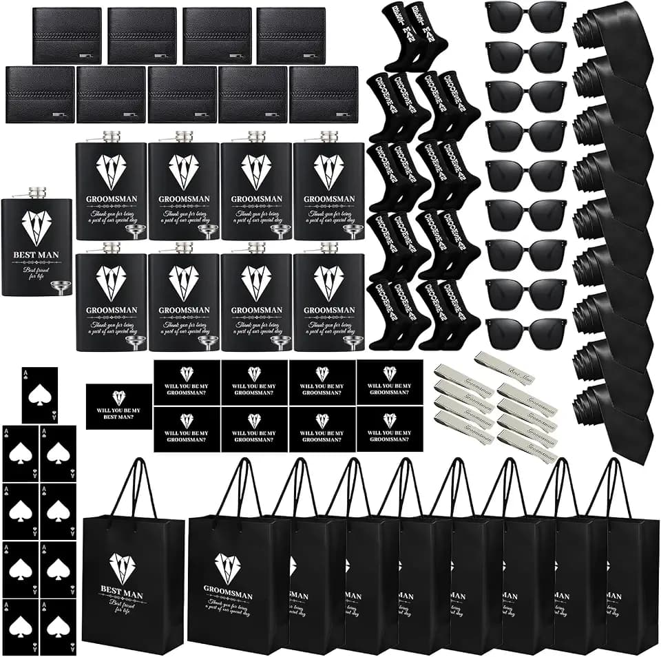 90 Pcs Groomsmen Gifts with Flasks Funny Socks Sunglasses Bottle Opener Wallet Neckties Tie Clip Funnels Invitation Cards Bags for Wedding Gifts Best Man from Groom