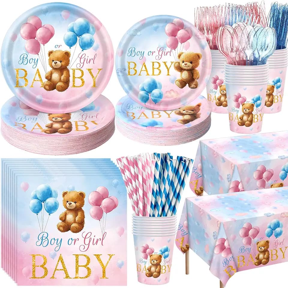 Funnymoom 452 Pcs Bear Themed Gender Reveal Party Decorations for 50, Boy or Girl Gender Reveal Paper Plates Napkins Cups Tablecloth Cutlery Straws for Pink Blue Baby Shower Party Supplies