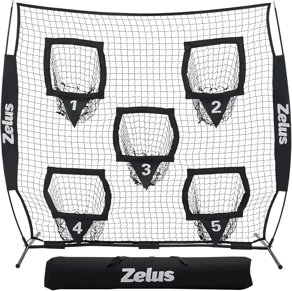 ZELUS Football Throwing Net, Quarterback Training Equipment with 5 Target Pockets, Football Practice Throwing Passing Accuracy Trainer with Carry Bag Ground Stakes for Kids Adults