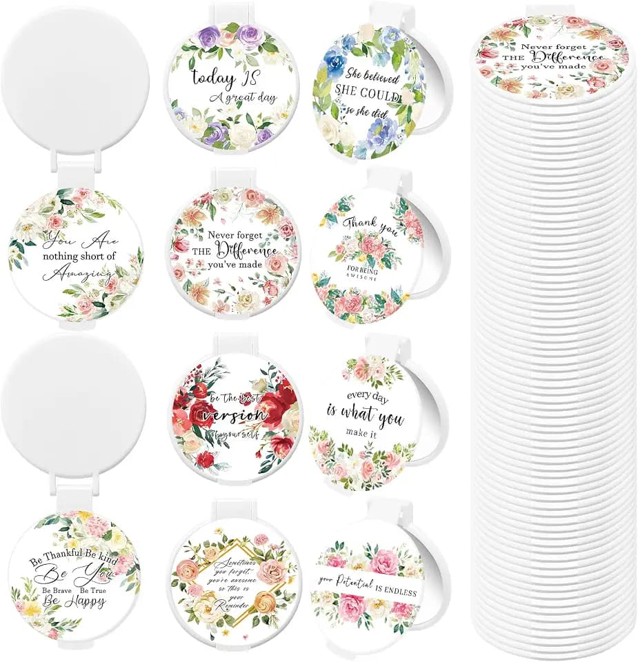 100 Pcs Floral Inspirational Compact Mirror Bulk Small Pocket Purse Round Mirror Portable Folding Makeup Motivational Mirrors Gifts for Women Coworker Employee Teacher