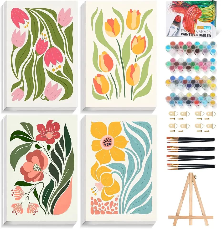 Okarina 4 Pack Paint by Numbers Kit for Adults with Frame, Easy Flower