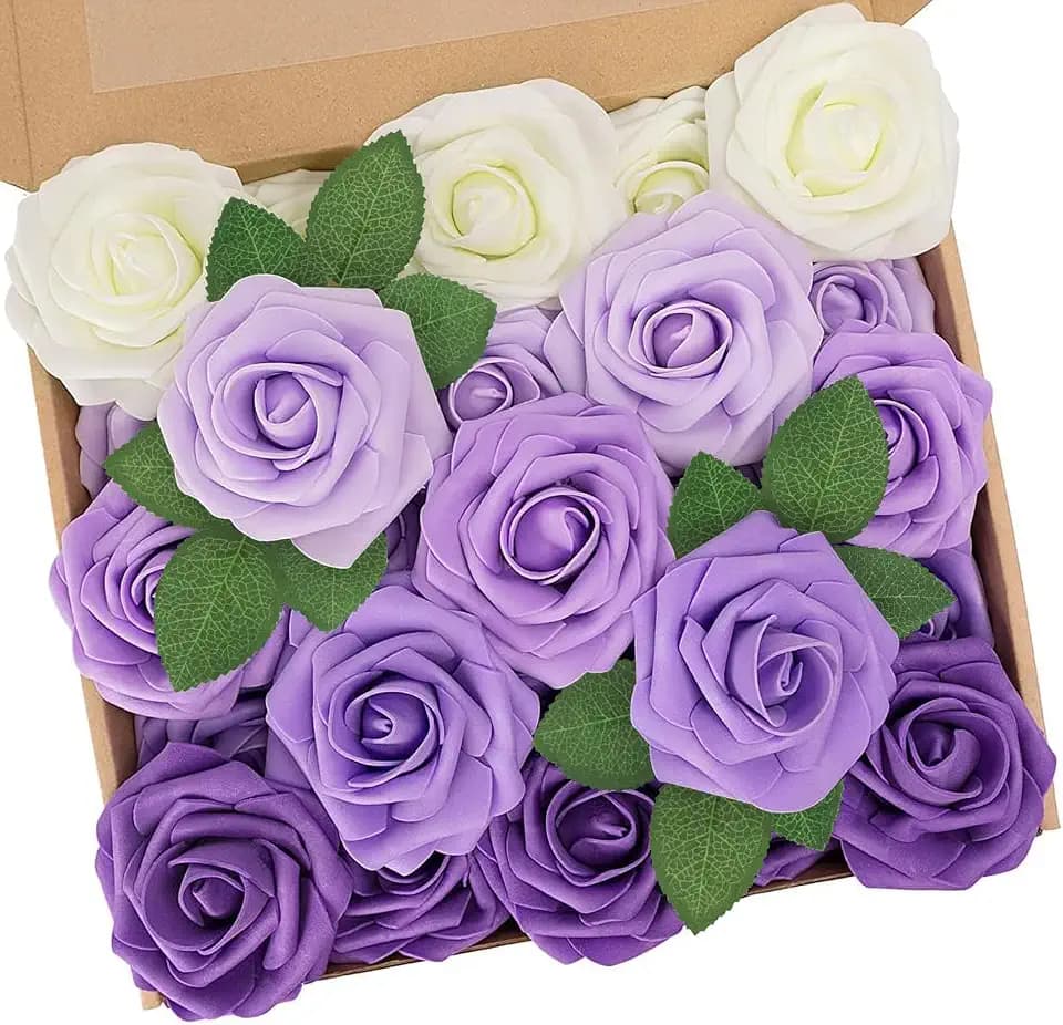 N&T NIETING Artificial Flowers 25Pcs Real Touch Fake Roses Foam Flowers with Stems for DIY Wedding Bridesmaid Bridal Bouquets Centerpieces Home Arrangement Party Tables Decoration,Series Purple