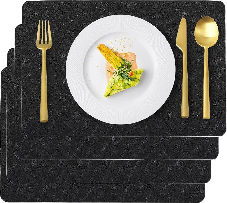 Black Plastic Vinyl Placemats Set of 4, Waterproof Heat Resistant Table Mats,Faux Leather Wipeable Washable Easy Clean Non-Slip Place Mats for Indoor Outdoor(4,Black)