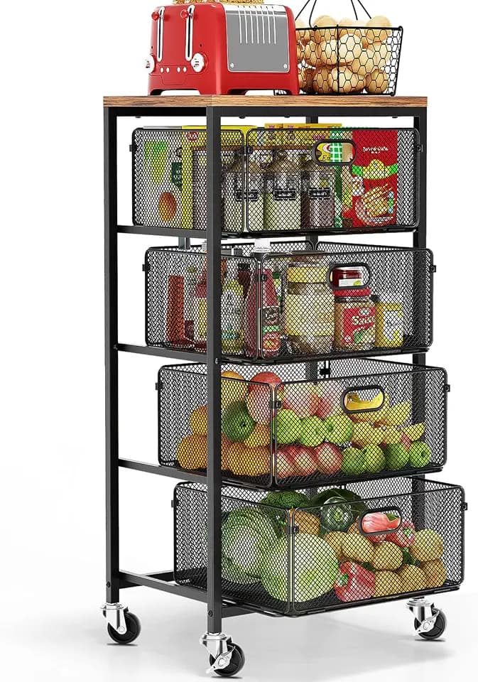 Goovilla Kitchen Cart with Drawers, Lockable Wheels with Wooden Top, Black