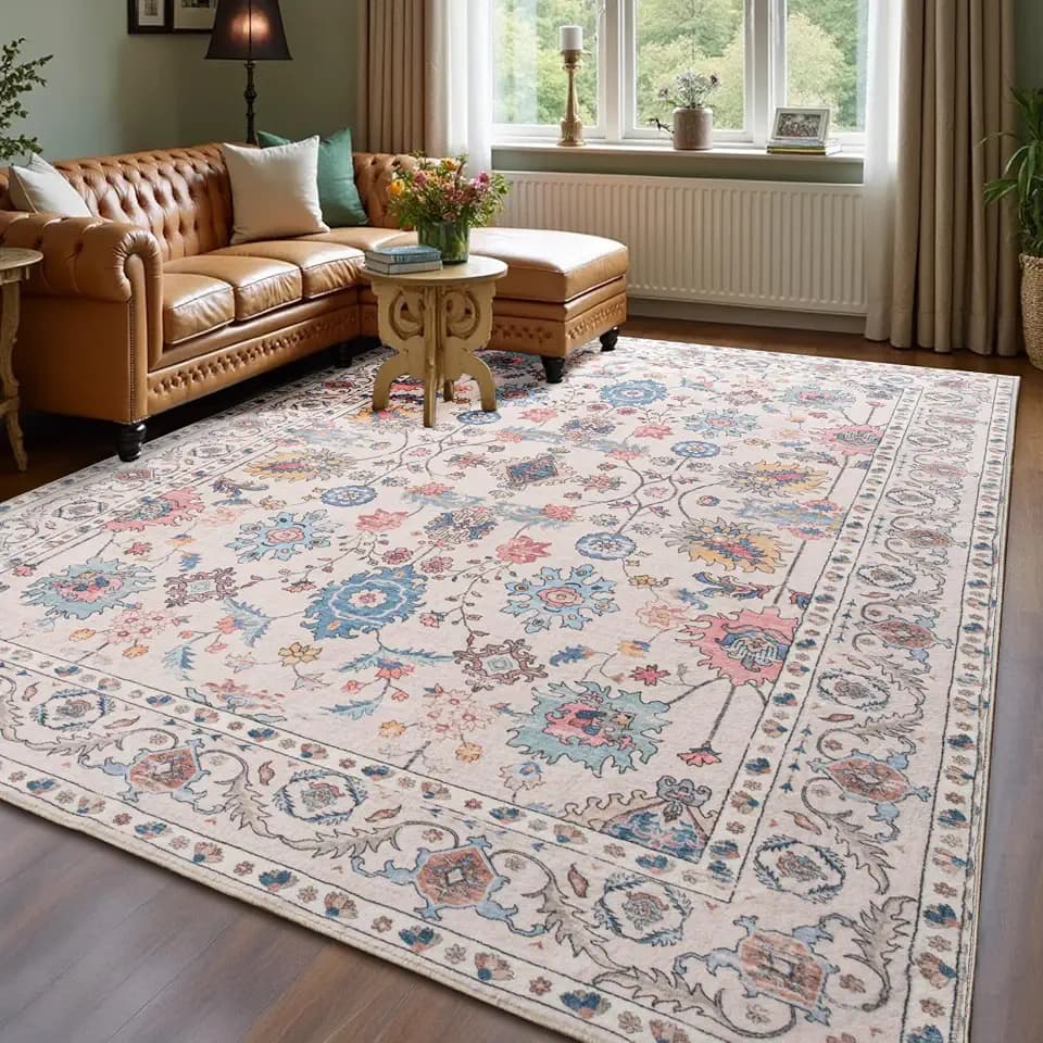CRYPTOLITE Area Rug for Living Room, 9x12 Washable Non Slip Large Faux Wool Throw Rug, 0.3″ Low Pile & Non-Shedding Boho Large Carpet Rugs for for Dining Room, Bedroom, Office (Beige)