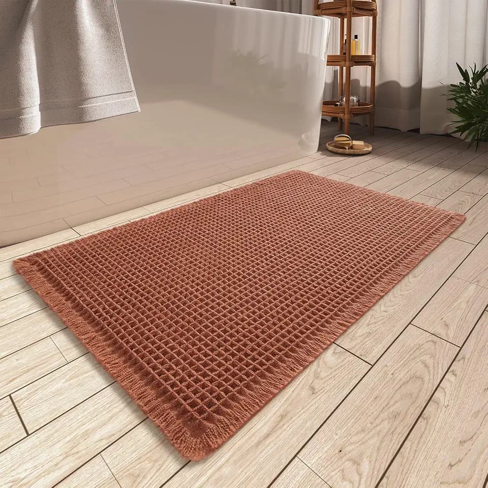 AMOAMI Upgraded Waffle Bath Mat, Super Absorbent Non Slip Bath Mats for Bathroom Floor, Machine Washable Bathroom Rugs with Tassels, Rubber Backed Bathroom Mats, Ultra Soft, 18" x 30", Dirty Orange