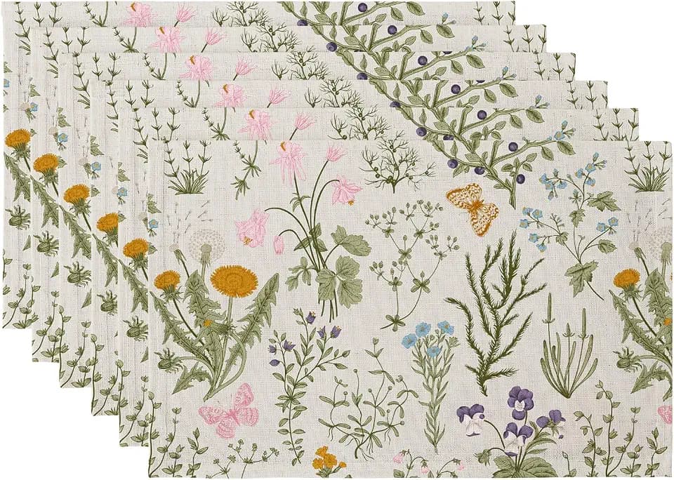 QIYI Boho Table Placemats Set of 6, 12"x18" Linen Place Mats, Wildflowers