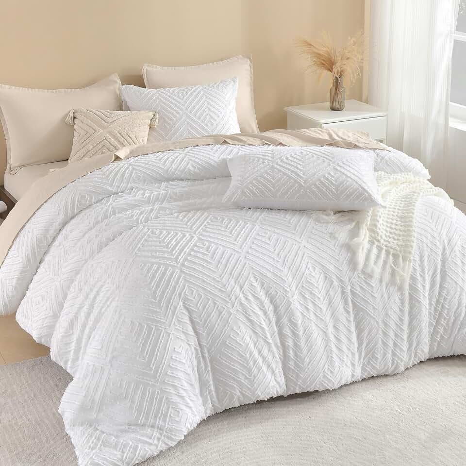 Litanika Super King Plus Comforter Set, 3 Pcs White Tufted Boho Bedding Set
