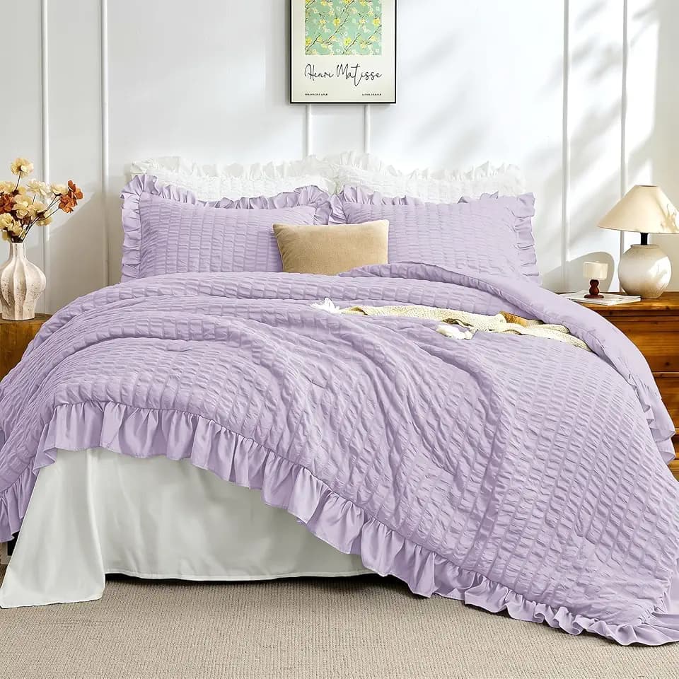JOLLYVOGUE Lavender Twin/Twin XL Comforter Set, 2 Pieces Seersucker Lightweight Fluffy Bedding Set, Twin Ruffle Comforter, All Season Soft Microfiber Shabby Chic Bed Set