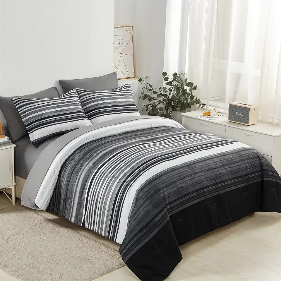 KAKIJUMN Striped Comforter Set King Size, 7 Piece Bed in a Bag, Grey