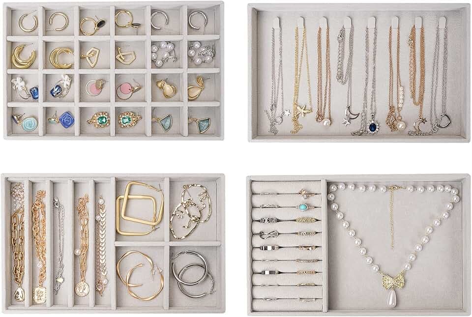 ProCase Stackable Jewelry Organizer Trays for Drawers, Jewelry Drawer Inserts Container Display Case Storage for Earring Necklace Rings Bracelet with Removable Dividers -Grey, 4 Layers