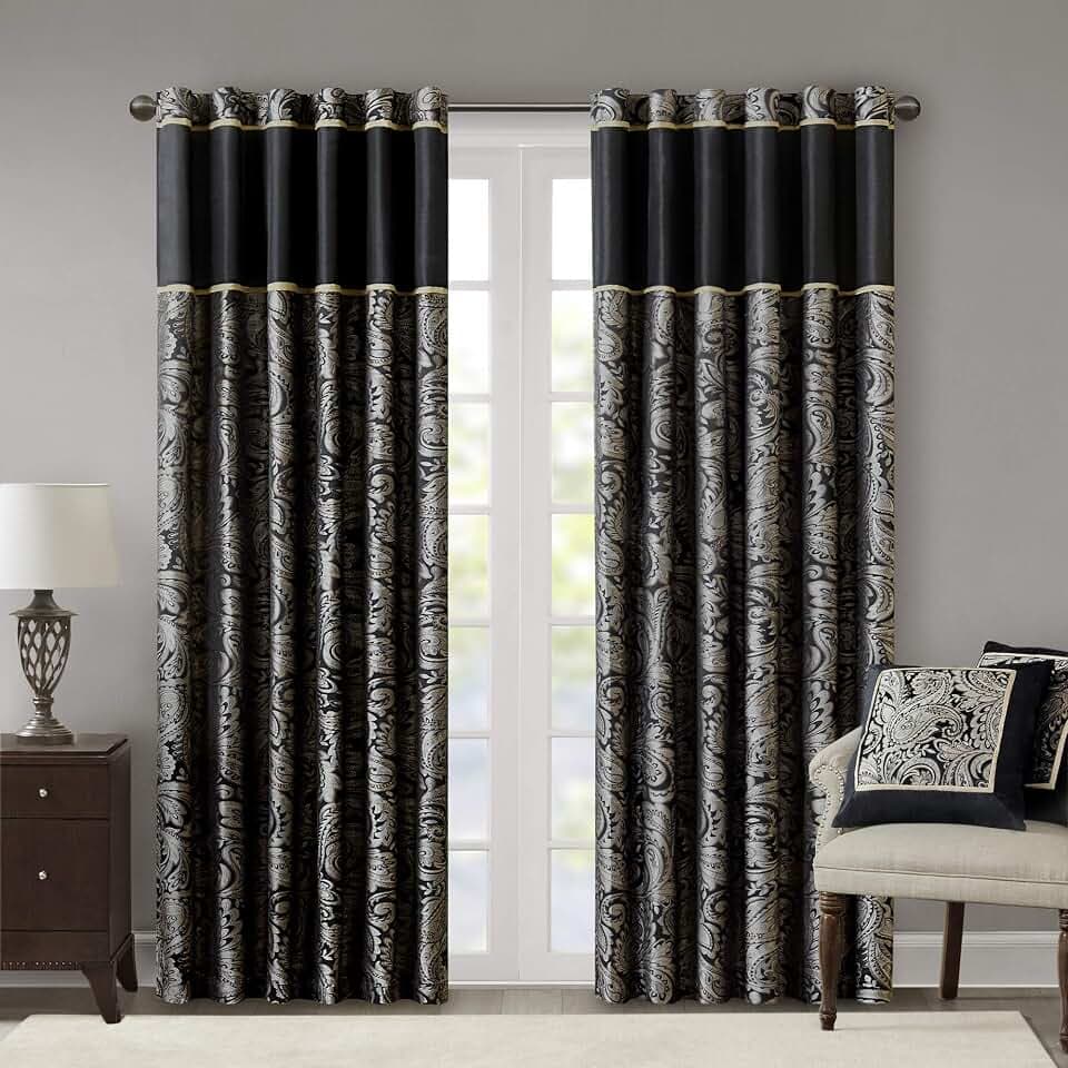 Madison Park Window Curtain Faux Silk, Light Filtering, 2-PK 50x95 Black