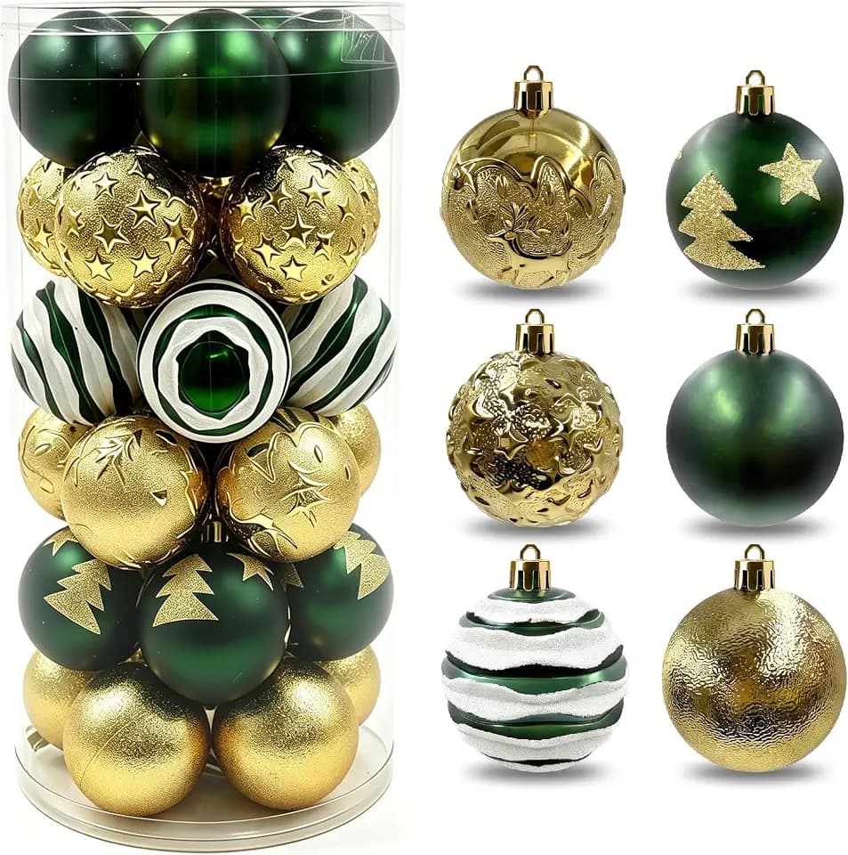HipTree Shatterproof Dark Green Gold Christmas Ornaments Tree Decorations