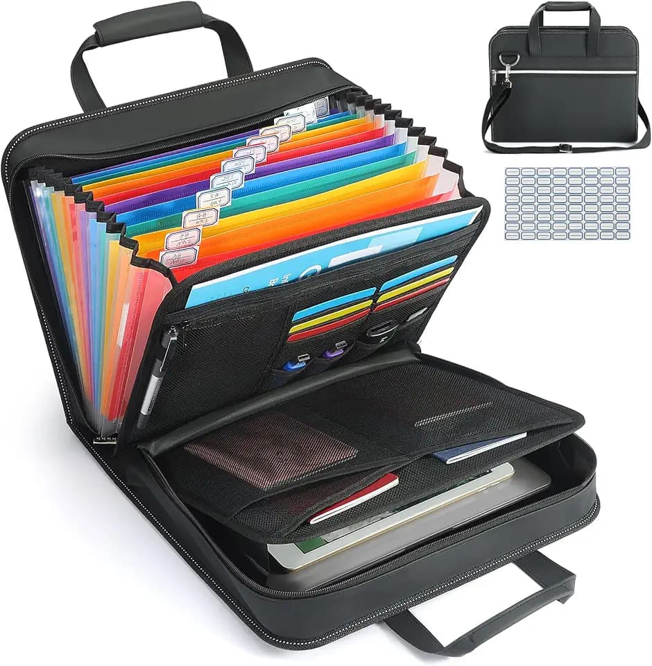 SEEKIND PU Leather Accordion File Organizer with Handle & Strap,12 Pockets Expanding File Folder with Zipper & Labels,Portable Document Organizer File for Letter A4 Files