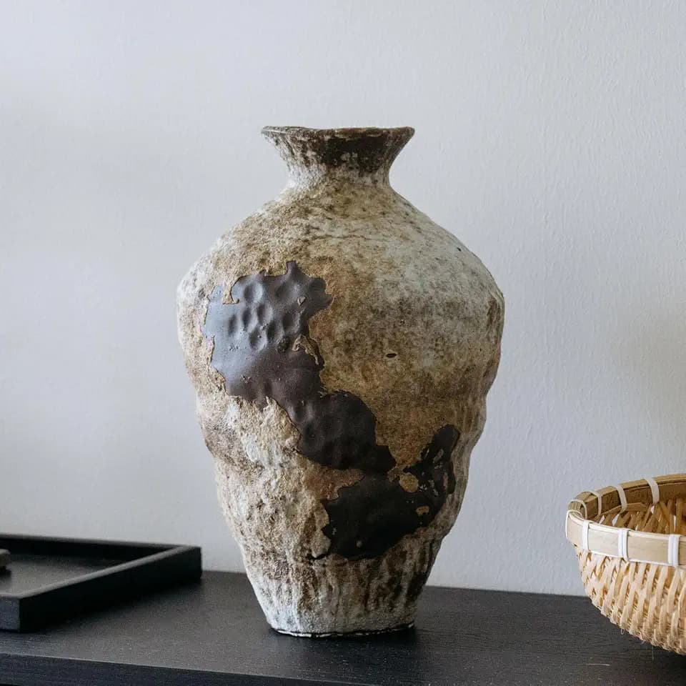 Large Rusty Ceramic Vase, Pottery Farmhouse Flower Vase for Centerpieces, Wabi Sabi Decorative Vase for Table, Living Room, Bedroom, Bathroom