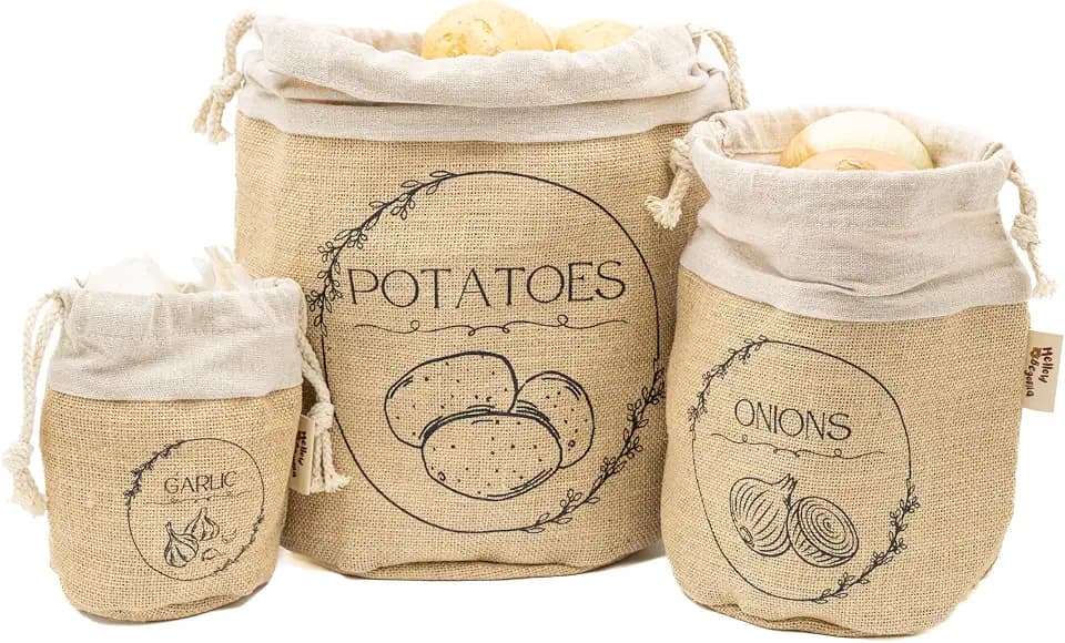 Potato Storage Bag | Natural Jute Potato Onion Garlic Storage Set for Pantry | Breathable & Fresh Onion Potato Storage | Easy to Clean Potato and Onion Storage Bag | Air Flow, Light Blocking