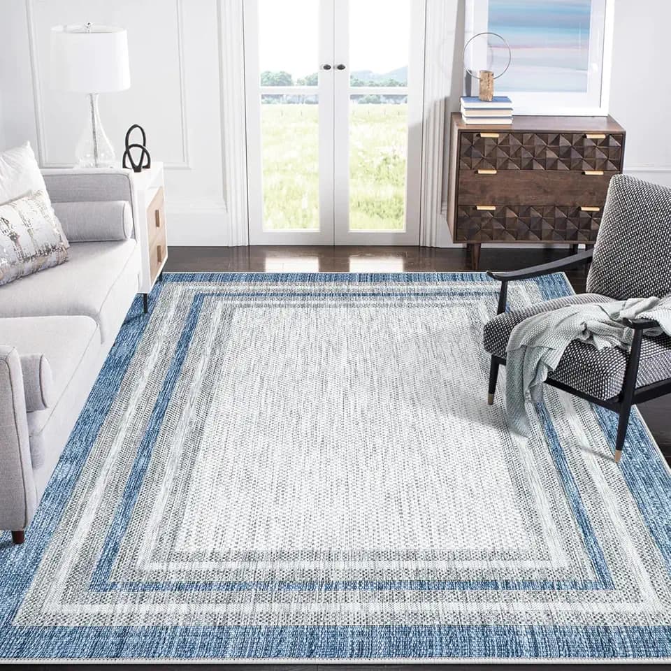 Beeiva Bordered Large Area Rug for Living Room, Modern 8x10, Machine Washable, Non Slip, Blue, Stain Resistant, Foldable, Printed Dining Room Rug for Bedroom, Office