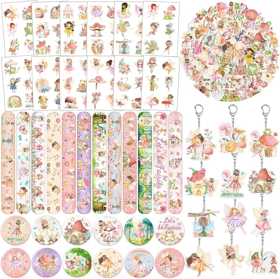 98PCS Party Favors - Woodland Fairy Decorations with Slap Bracelets, Stickers, Badges, Keychains, Tattoos for First Birthday Party Supplies
