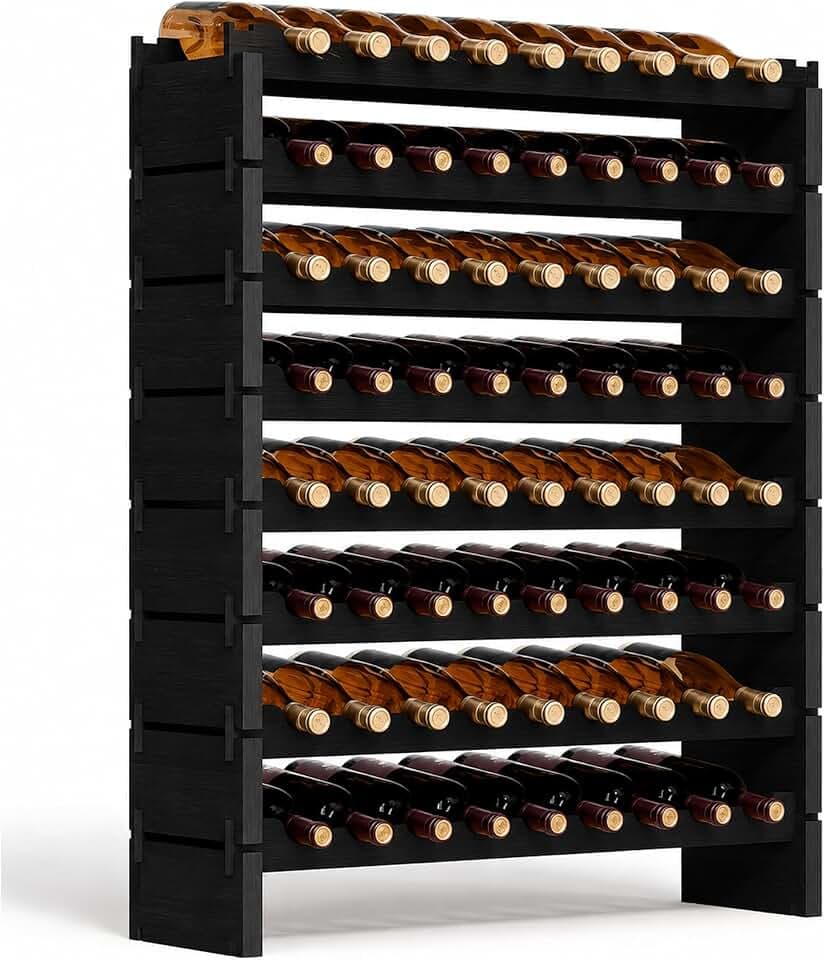NutriChef 72 Bottle Wine Rack Stackable Bamboo Freestanding, 8-Tier Modular Shelf, Sturdy Wobble Free, Upgraded 2026 Design, Easy No-Tool Assembly for Kitchen, Cellar or Bar 33.5" x 10" x 41" (Black)