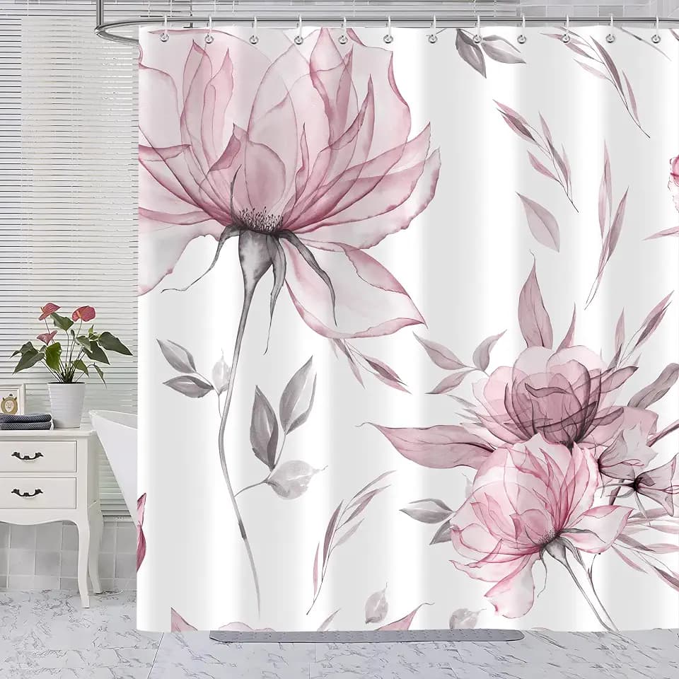 Pink Grey Watercolor Floral Shower Curtain, Flower Leaves Minimalist Aesthetic Art Shower Curtains for Bathroom Sets Decor, Waterproof Polyester Cloth Fabric with 12 Hooks,72x84 Inch